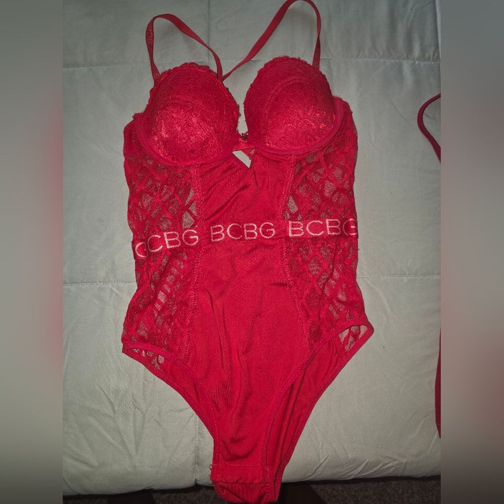 BCBG Red Lace & Mesh Bodysuit